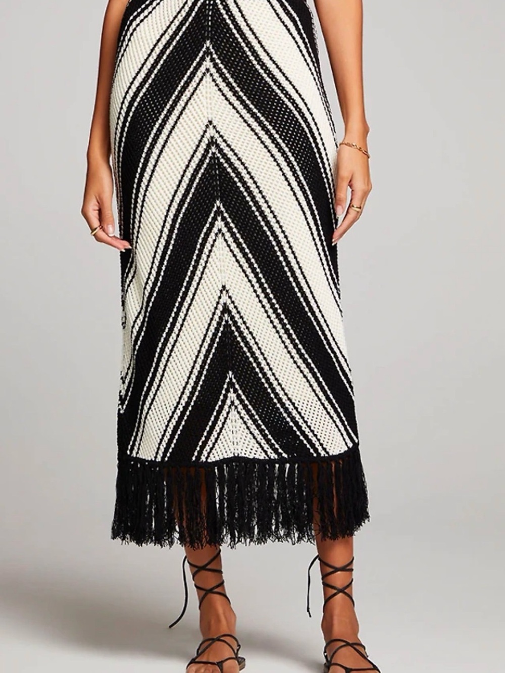 Chevron Fringe-Hem Midi Skirt in Black and White